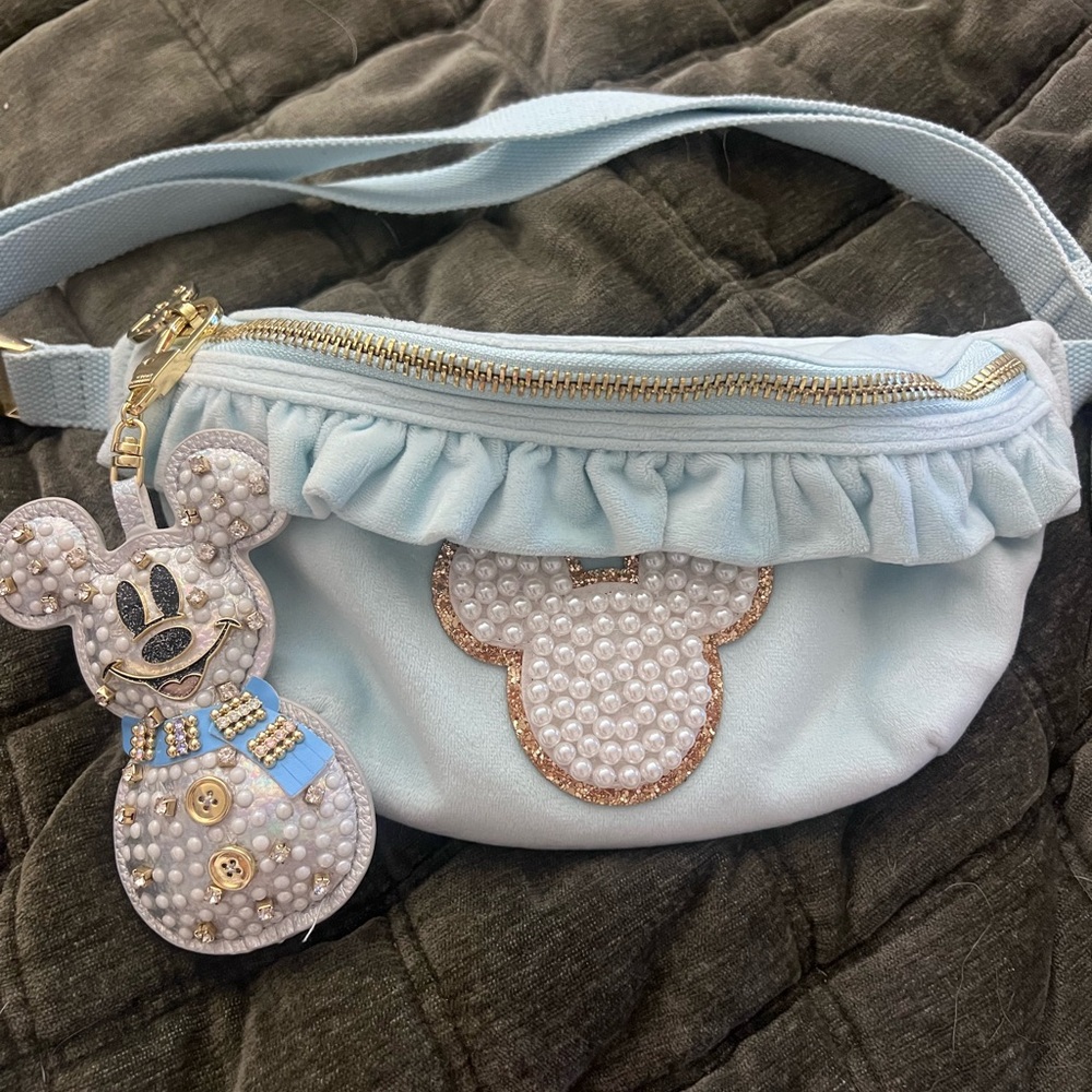 Light Blue Mickey Mouse Fanny Pack w/Mickey Snowman bag charm Stoney Clover Lane